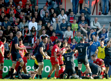 Leinster players celebrating a James Ryan try against Toulouse last October.