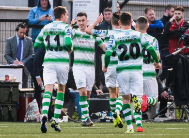 Aaron Greene celebrates after scoring for Shamrock Rovers.