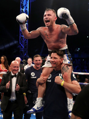 Carl Frampton celebrates his win over Luke Jackson at Windsor Park last year.