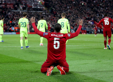 Georginio Wijnaldum celebrates after his side beat Barcelona in the Champions League semi-final.