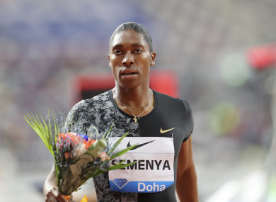 South Africa's Caster Semenya celebrates after winning the gold in the women's 800-meter final during the Diamond League in Doha, Qatar.