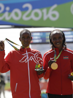 Rio silver medalist Eunice Jepkirui Kirwa, of Bahrain, left, and gold medalist Jemima Jelagat Sumgong of Kenya, have both received lengthy bans for doping.