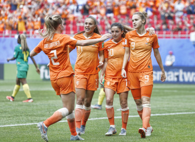 Miedema (right) celebrates scoring her second goal on Saturday.