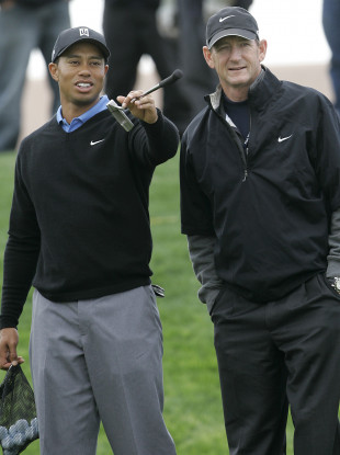 Tiger Woods and Hank Haney pictured during a practice session for the World Golf Championships Accenture Match Play Championship in 2007.