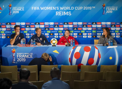 Terje Skeie, head of media of Norway, Martin Sjoegren, head coach of Norway, and Maren Naevdal Mjelde of Norway during a press conference.
