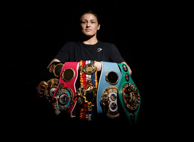 Katie Taylor poses with her five world titles at The County Club in Dunshaughlin.