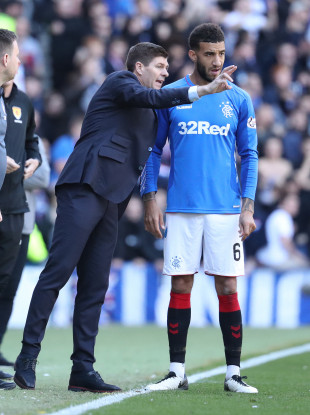 Rangers manager Steven Gerrard gives instructions to Connor Goldson during their game against Celtic at Ibrox in May.