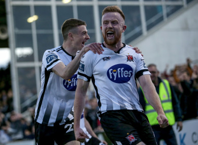 Dundalk's Sean Hoare celebrates with Dan Kelly after his recent winning goal against St Patrick's Athletic.