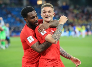 Danny Rose and Kieran Trippier celebrate Trippier's winning penalty during a World Cup shootout against Colombia.