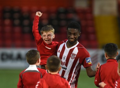 Derry City’s Junior Ogedi Uzokwe celebrates with fans after the game.