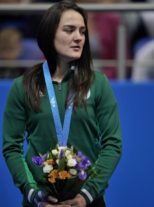 Kellie Harrington with her silver medal and bandaged thumb in Minsk last month.