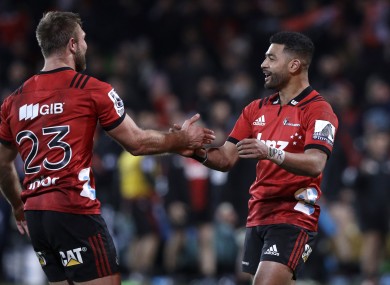 Crusaders Richie Mo'unga, right, in action last weekend.