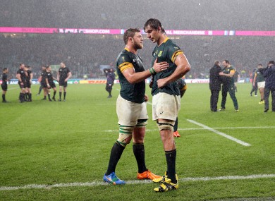 This weekend's South Africa captain Duane Vermeulen and Eben Etzebeth after the narrow loss to the All Blacks in the 2015 World Cup semi-final.