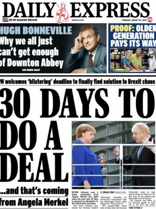 The Daily Express front page today on yesterday's press conference between Merkel and Johnson.