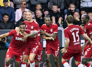 Rangers players celebrate a goal by Alfredo Morelos.