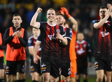 Derek Pender celebrates with his Bohs team-mates.