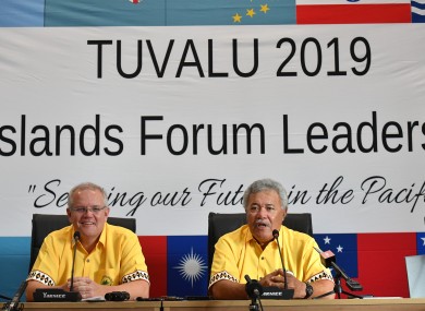 Australia's Prime Minister Scott Morrison and Tuvalu's Prime Minister Enele Sopoaga at a press conference during the Pacific Islands Forum.