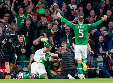 David McGoldrick celebrates scoring a goal against the Swiss.
