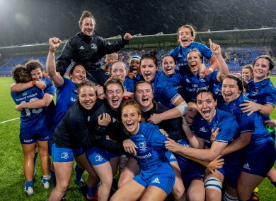 Leinster players celebrate their win at Energia Park.