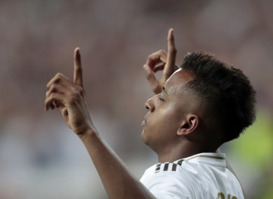 Real Madrid's Rodrygo celebrates scoring.