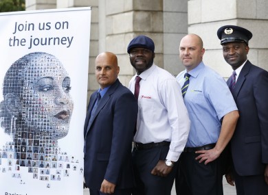 Pictured at the launch of the national transport anti-racism campaign: (LtoR) Shahbaz Rana, Dublin Bus, Martin Acheampong, Luas, Tomasz Kawako, Irish Rail and Richard Adewuyi, Bus Eireann.