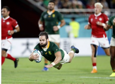 South Africa's Cobus Reinach dives to the line.