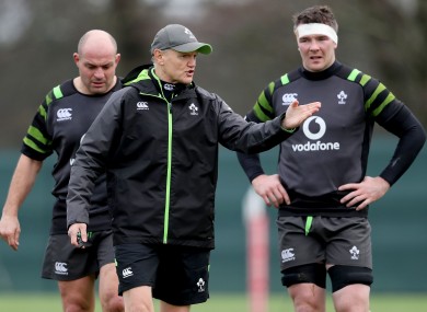 Joe Schmidt and Peter O'Mahony during an Ireland training session.