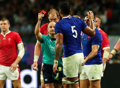 Sebastien Vahaamahina receives a red card from referee Jaco Peyper.