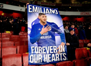 Cardiff City fans holding up a banner remembering Sala back in January.
