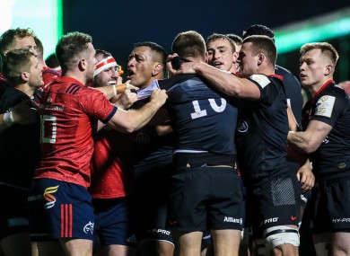 Row: Incident sparked a scuffle between the Munster and Saracens players.