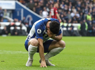 Brighton & Hove Albion's Alireza Jahanbakhsh reacts after scoring his side's first goal of the game.