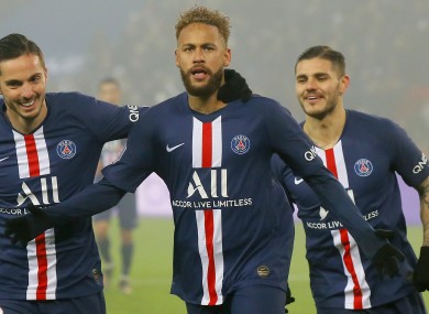 PSG's Neymar, centre, celebrates with PSG's Pablo Sarabia, left and PSG's Mauro Icardi.