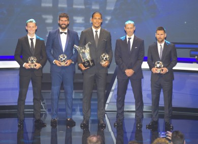 Frenkie de Jong, Alisson Becker, winner Virgil van Dijk, Uefa President Aleksander Ceferin and Lionel Messi at the Uefa Men's Player of the Year awards.