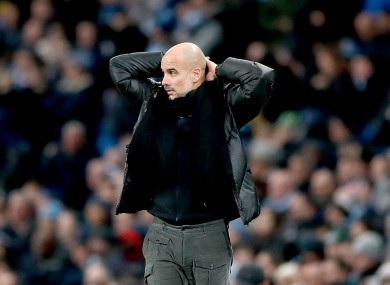 Pep Guardiola reacts during Saturday's defeat to Man United.
