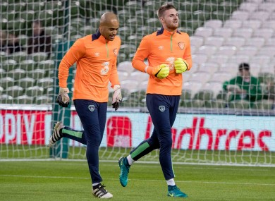 Ian Lawlor (right) warms up alongside Darren Randolph before Ireland's 2018 World Cup qualifier at home to Georgia.