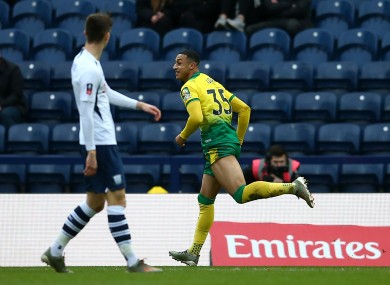 Adam Idah celebrates after opening the scoring for Norwich against Preston North End.