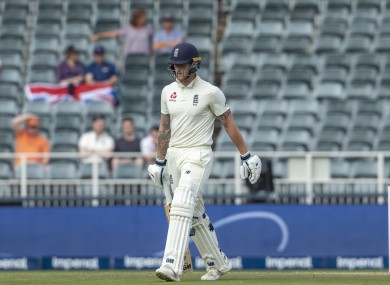 England's batsman Ben Stokes leaves the field after being dismissed by South Africa's bowler Anrich Nortje for 2 runs on day one of the fourth cricket test match between South Africa and England.