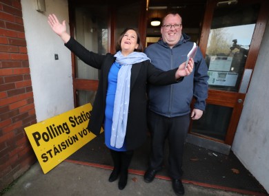 Sinn Fein leader Mary Lou McDonald, with local councillor Seamas McGrattan, arriving to cast her vote at St Joseph's School in Dublin yesterday.