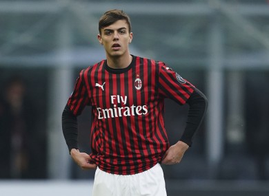 AC Milan's Daniel Maldini stands on the pitch as he makes his Serie A debut.
