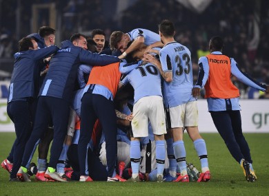 Lazio players celebrate after their teammate Sergej Milinkovic-Savic scored.