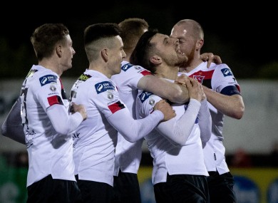 Dundalk’s Jordan Flores celebrates scoring a goal with Daniel Kelly, Darragh Leahy, Sean Hoare and Chris Shields.