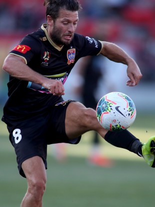Wes Hoolahan in possession for Newcastle Jets during their win against Adelaide United.
