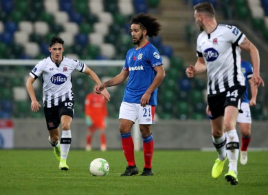 Bastien Hery in possession for Linfield during the Unite the Union Champions Cup first leg against Dundalk.