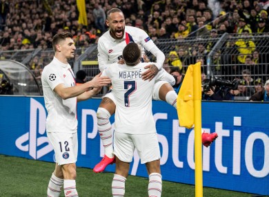 Neymar and Kylian Mbappe celebrate.
