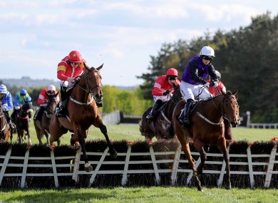 Mr Adjudicator (right), ridden by Patrick Mullins, on the way to winning the Ballymore Handicap Hurdle at Punchestown last year.