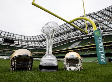 Navy and Notre Dame helmets in the Aviva, when the fixture was announced in 2018.