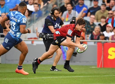 George Bridge scores for the Crusaders against the Blues before SUper Rugby was halted this year.