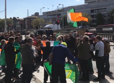 Supporters of Gemma O'Doherty and John Waters outside the Four Courts this morning.