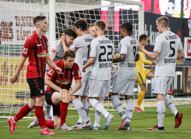 Kai Havertz celebrates after scoring for Bayer Leverkusen.