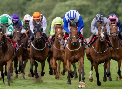 Colin Keane on Bucky Larson (blue and white) comes home to win the Support The Irish Injured Jockeys Handicap.